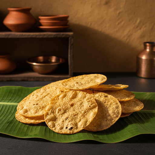 Traditional Indian Urad Dal Papads on a fresh banana leaf